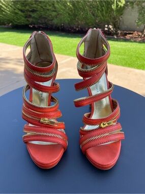 Julianne Hough Orange Strappy Zip-Trim High Heel Sandals